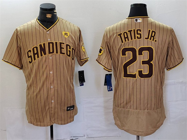 Men's San Diego Padres #23 Fernando Tatis Jr. Tan With PS Patch Flex Base Stitched Baseball Jersey Men's San Diego Padres #23 Fernando Tatis Jr. Tan With PS Patch Flex Base Stitched Baseball Jersey